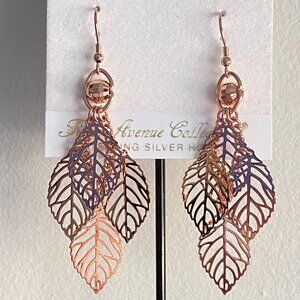 FAC Rose Gold Tone Leaf Spirited Dangle Earrings NWT